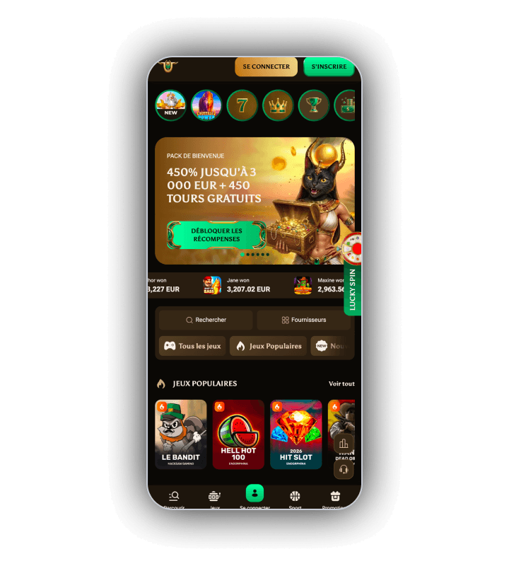 Accueil AmunBet sur mobile avec les rayons de machines et de tables